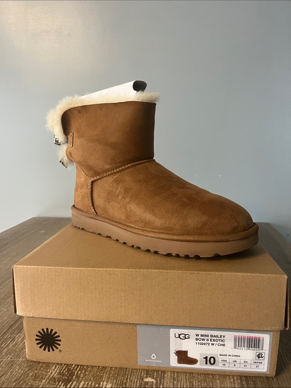 UGG Women's Mini Bailey Bow II Chestnut Suede Boot with Cream Shearling